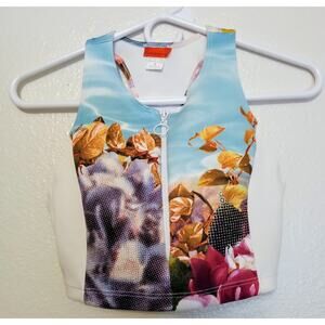 Vtg Clover Canyon Psychedelic Top Zip Front Pixelated Flowers  Print Tank SZ S